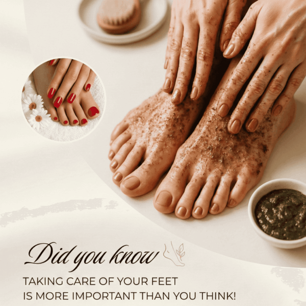 Hands and feet with cream, emphasizing the importance of foot care.