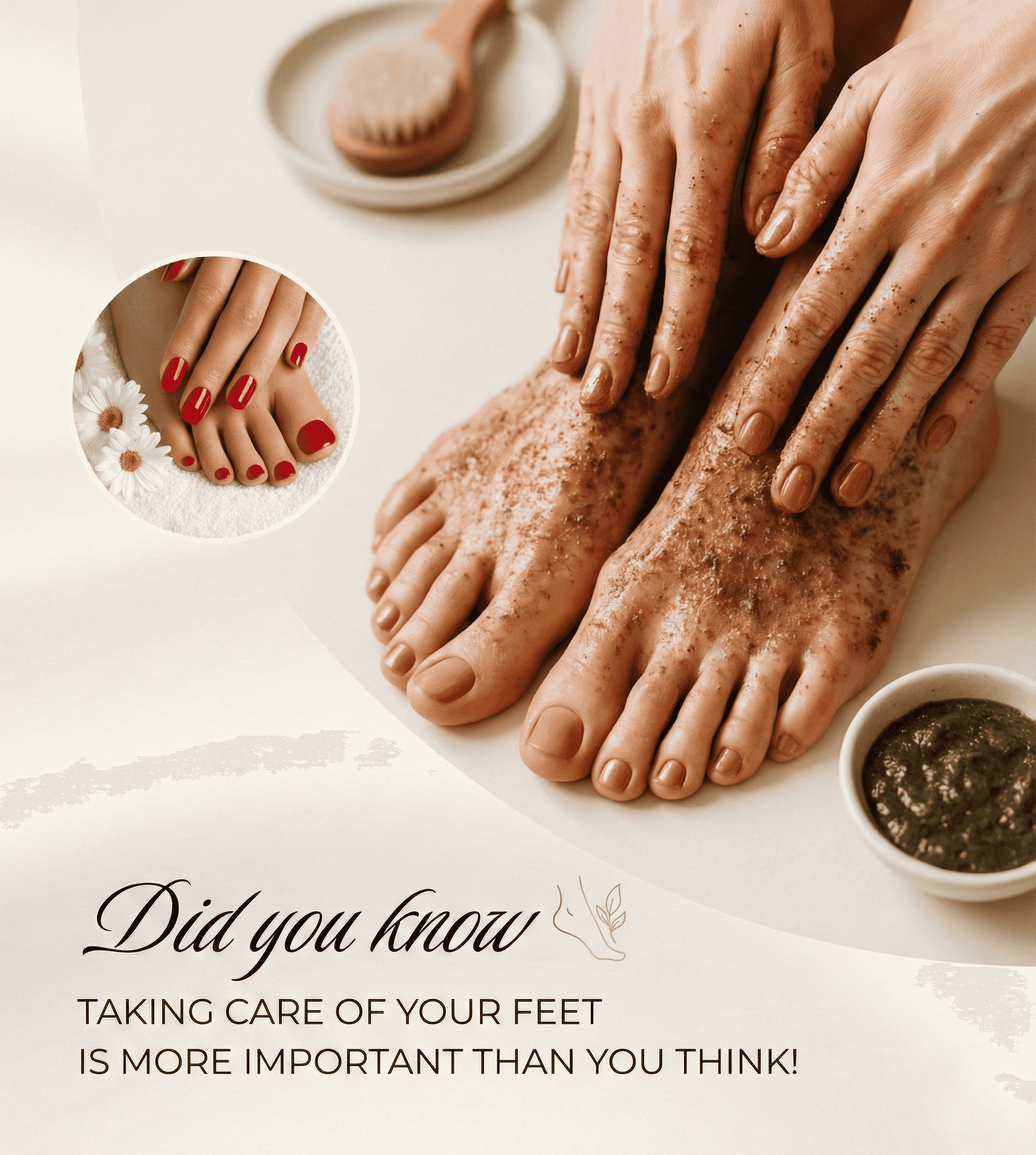 Hands and feet with cream, emphasizing the importance of foot care.